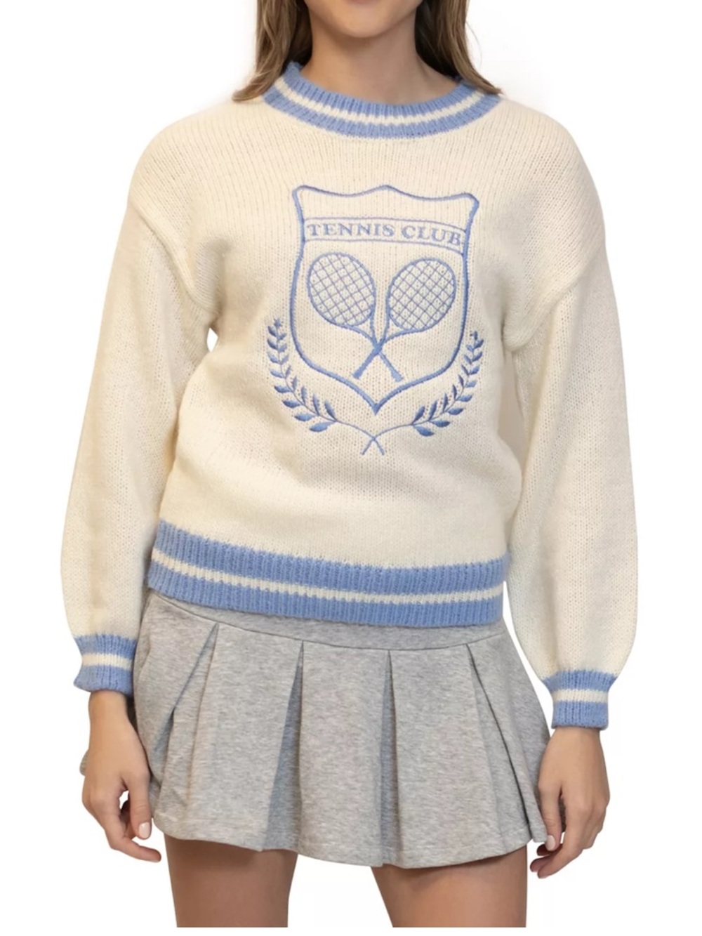 Madden Girl Elite Country Club Tennis Prep Varsity Crewneck Sweater Vanilla Blue
